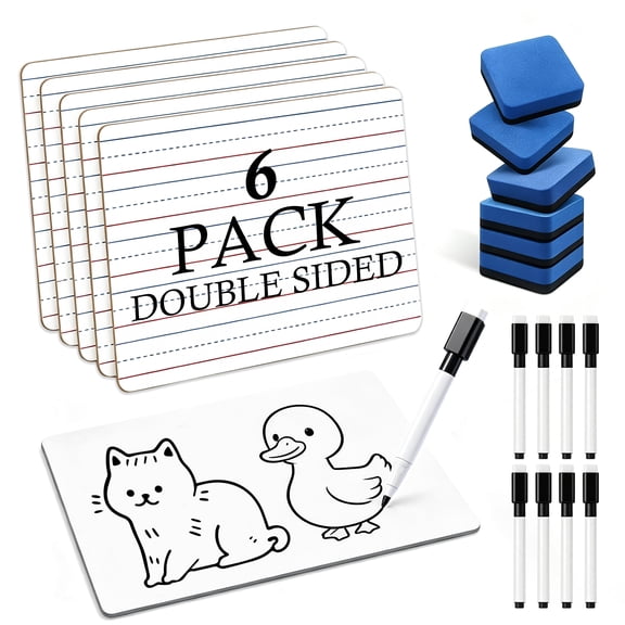 Amaopus 6 Pack Dry Erase Boards, 9x12 Inch Double Sided Lined and Blank Whiteboards with Markers and Erasers, Small Classroom and Homeschool Writing Board