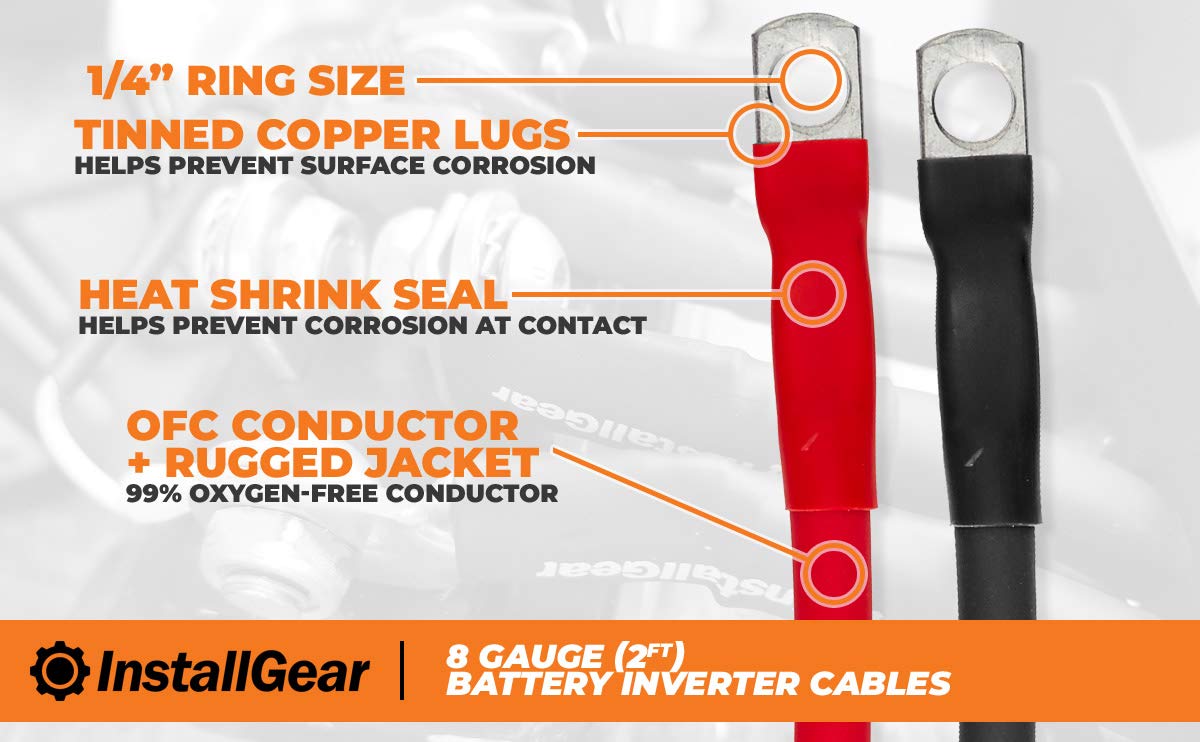 InstallGear 8 Gauge 2ft OFC Battery Power Inverter Cables (2ct Red/Black) - OFC 8 Gauge Wire - 8 Gauge Marine Wire - Battery Cable for Car Stereo, Solar, Auto, RV & Marine