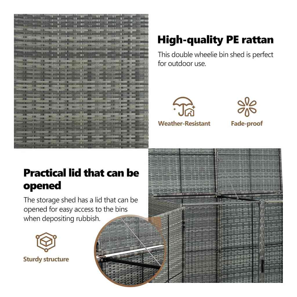 vidaXL Double Wheelie Bin Shed with Lid, Weather-Resistant, Poly Rattan 30.3"x58.3"x43.7" Gray