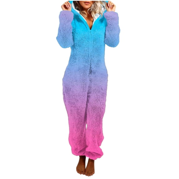 Women Onesie Pajama Sets Hooded Zipper Graphic Printed Plush Jumpsuit Soft Winter Warm Rompe Sleepwear Pjs Set (XXL, Light Blue)