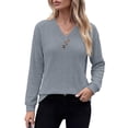 thumbnail image 2 of CQONEPT Women's Long Sleeve V Neck Tops Textured Knit Button Pullover Top Casual Loose Fit Fall Fshion Tunic Shirts Gray XL, 2 of 6