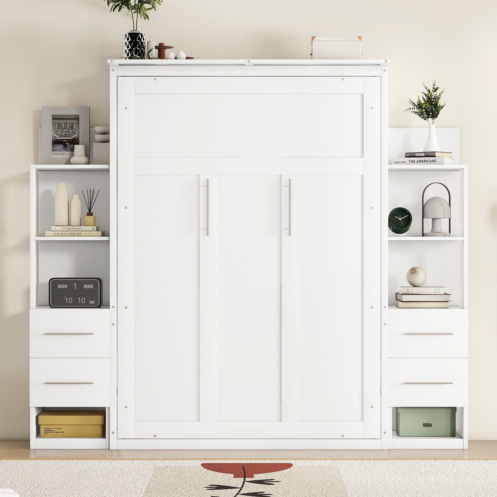 Full Size Murphy Bed with Shelves, 4 Drawers and LED Lights for Space-Saving Guest Room