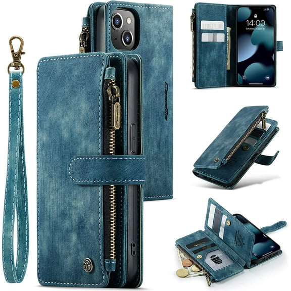 Wallet Case for iPhone 13 6.1 inch, Premium Handmade PU Leather Phone Case Card Slots Magnetic Closure Zipper Pocket Kickstand Flip Case with Hand Strap - Vintage Blue