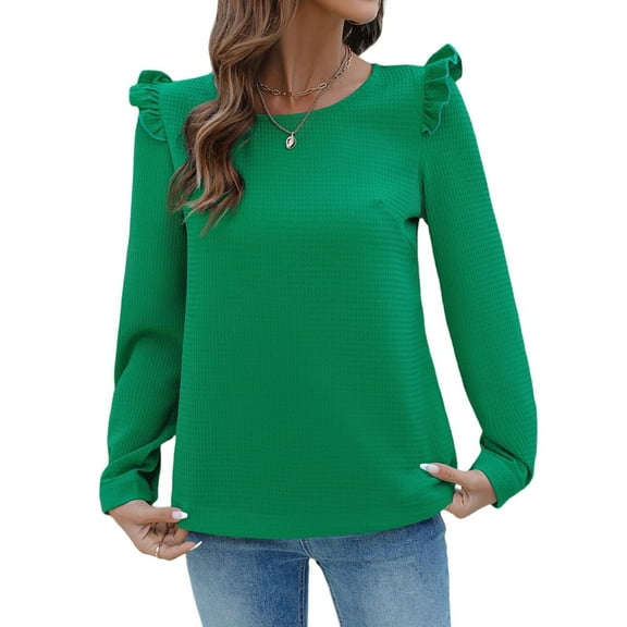 Women'S Ruffle Shoulder Long Sleeve Blouses Crew Neck Light-Weight 2025 Fall Ribbed Knit Pullover Tops Green L