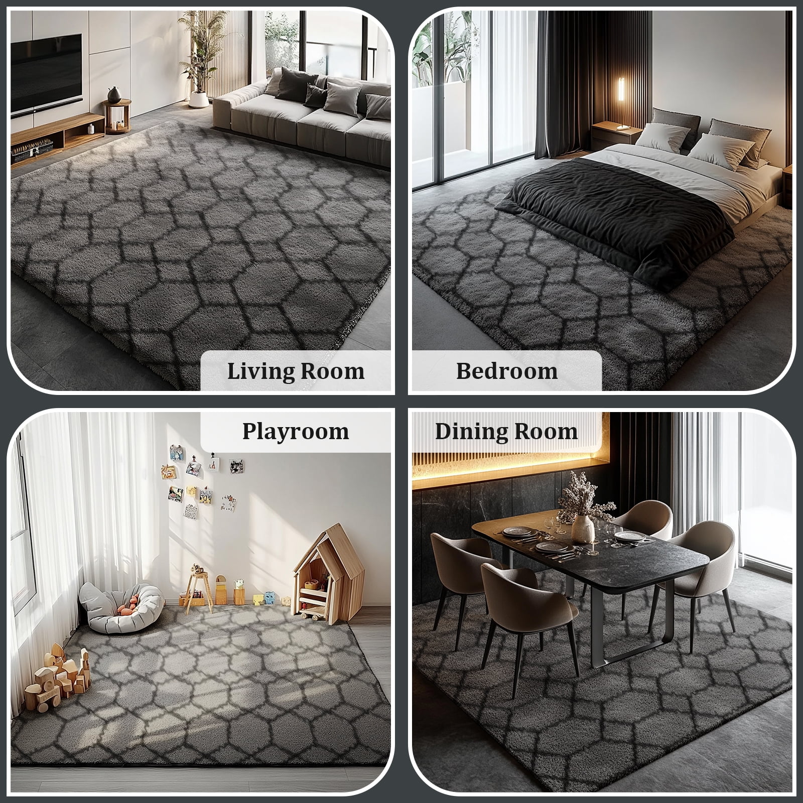 Pentantan 8ft x 10ft Shag Area Rugs for Living Room, Modern Geometric Fluffy Bedroom Carpet, Black & Gray