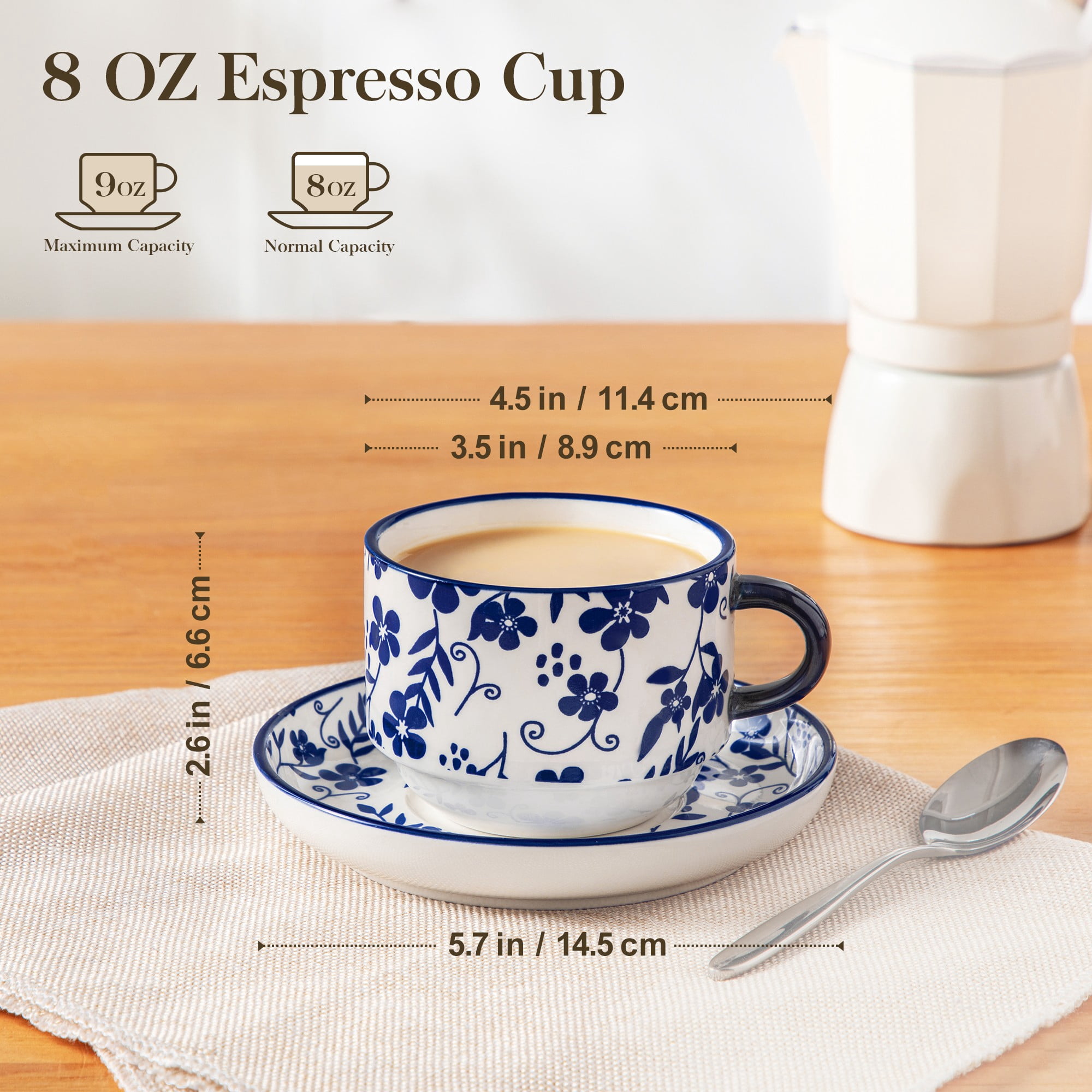 Malacasa Stackable Espresso Cups Set of 6, 8 oz Cappuccino Cups with Saucers and Rack, Coffee Mugs for Specialty Coffee Drinks, Latte and Tea