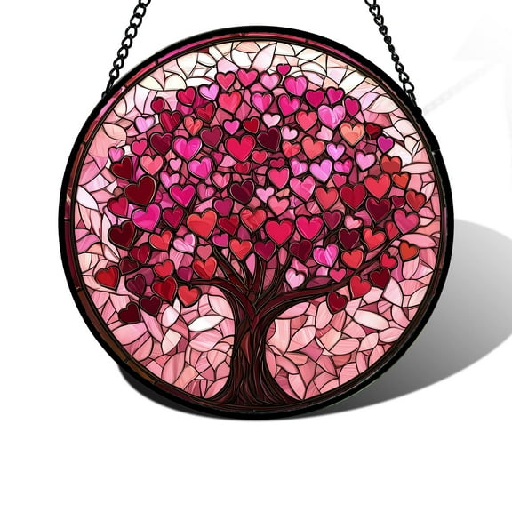 Stained Glass Window Hanging - Birthday Gifts for Women Men Mom Dad, Pink Love Tree Suncatcher for Doors Window Home Sun Catchers Decor