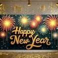 thumbnail image 3 of Fireworks Design Happy New Year Banner Gold Lettering New Year Display Dark Background Star Decorations Festive Backdrop for New Year Party Holiday Celebration Indoor Decoration, 3 of 9