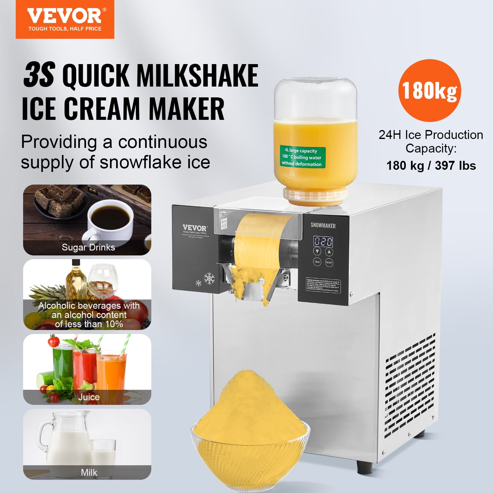 VEVOR Commercial Snowflake Ice Machine, 397LBS/24H Snowflake Ice Maker, Stainless Steel Ice Shaver Machine, Electric Snow Cone Maker, Air Cooling System for Rapid Heat Dissipation, for Bakery, Cafe