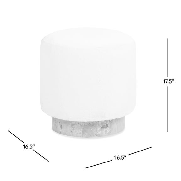 LiviNest Tilly 16.5" Round Faux Fur Pouf Ottoman, White Burl Wood Base Footrest Stool for Living Room Bedroom