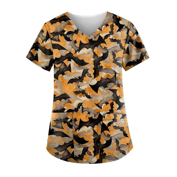 Tops de Mujer Tops de Uniforme de Trabajo Blusa de Bolsillo Con Estampado de Cuello en V de Manga Corta A La Moda Odeerbi ODB179518