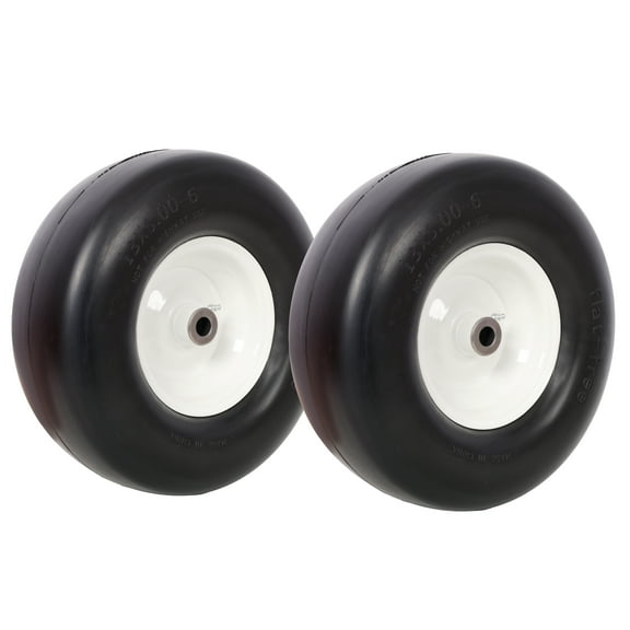 13x5.00-6" Flat Free Lawn Mower Tires,Zero Turn Mower Replacement Solid Tire, Smooth Tread, 3/4" Bearing 3" Central Hub, 500 LB Load capacity per pc. 2 PCS/ PACK