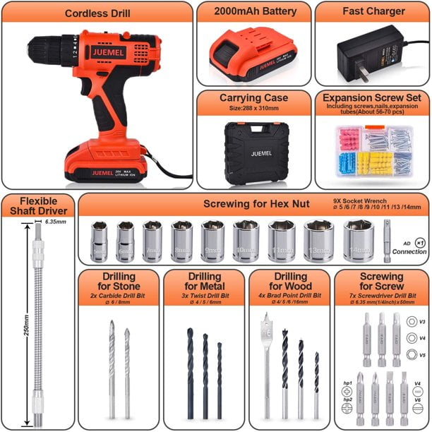 JUEMEL 3/8" Chuck Cordless Drill Drivers with 2000mAh Battery, 2-Speed Gearbox 1450 RPM MAX