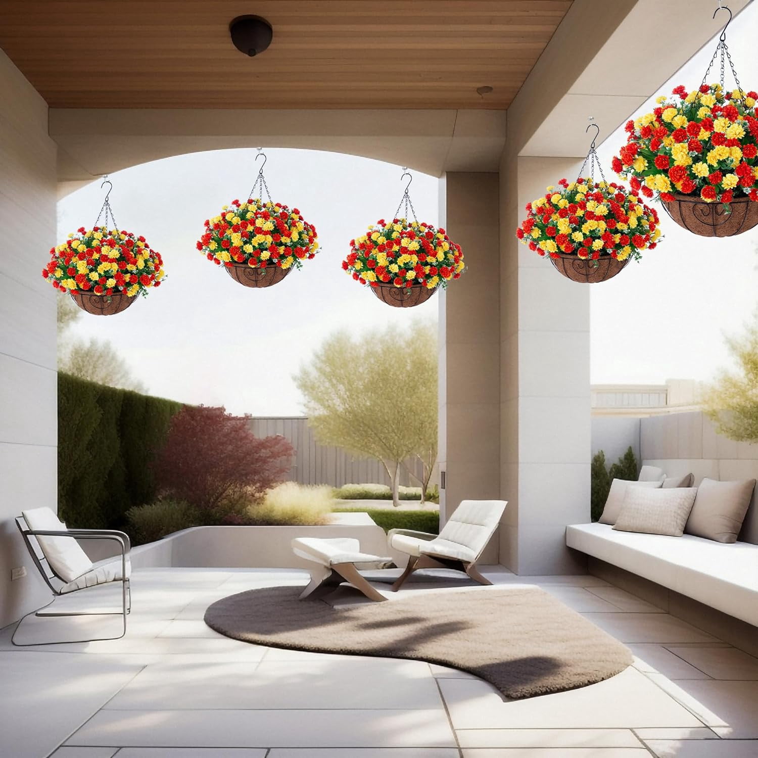 Artificial Hanging Flowers in Basket, Fake Silk Hanging Planter, Faux Colorful Daisy Vines Arrangement with Coconut Lining Baskets Outdoors Indoors Courtyard Spring Decor(Darkorchid)