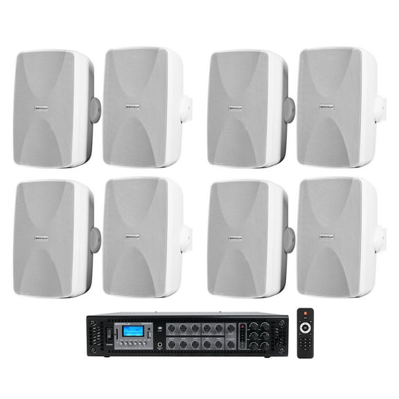 (8) White 5.25" Commercial 70v Wall Speakers Amp 4 Restaurant/Office/Cafe/Bar