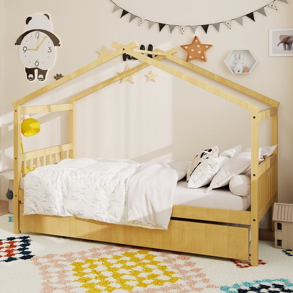 Twin Size Wooden House Bed with Twin Size Trundle, Natural