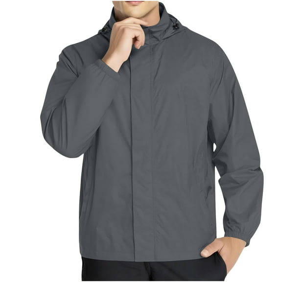 DPTALR Men's Solid Color Waterproof Outdoor Hooded Jacket with Zipper Pockets,Long Sleeved for Climbing,Running,Dark Gray,Big and Tall Men L