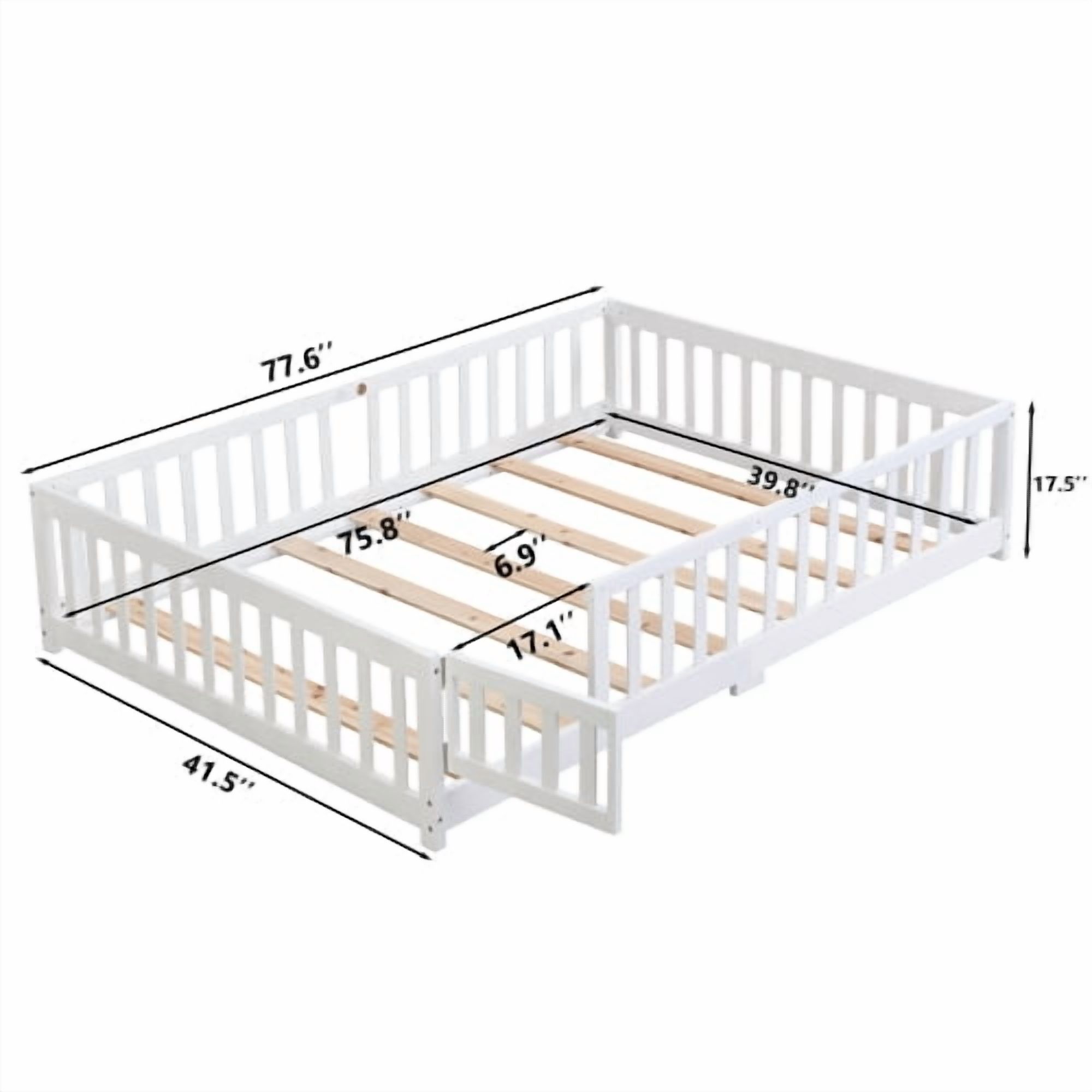 Twin Size Floor Bed with Door,Solid Wood Platform Bed Frame with Fence,Suitable for children,Pine Wood,White