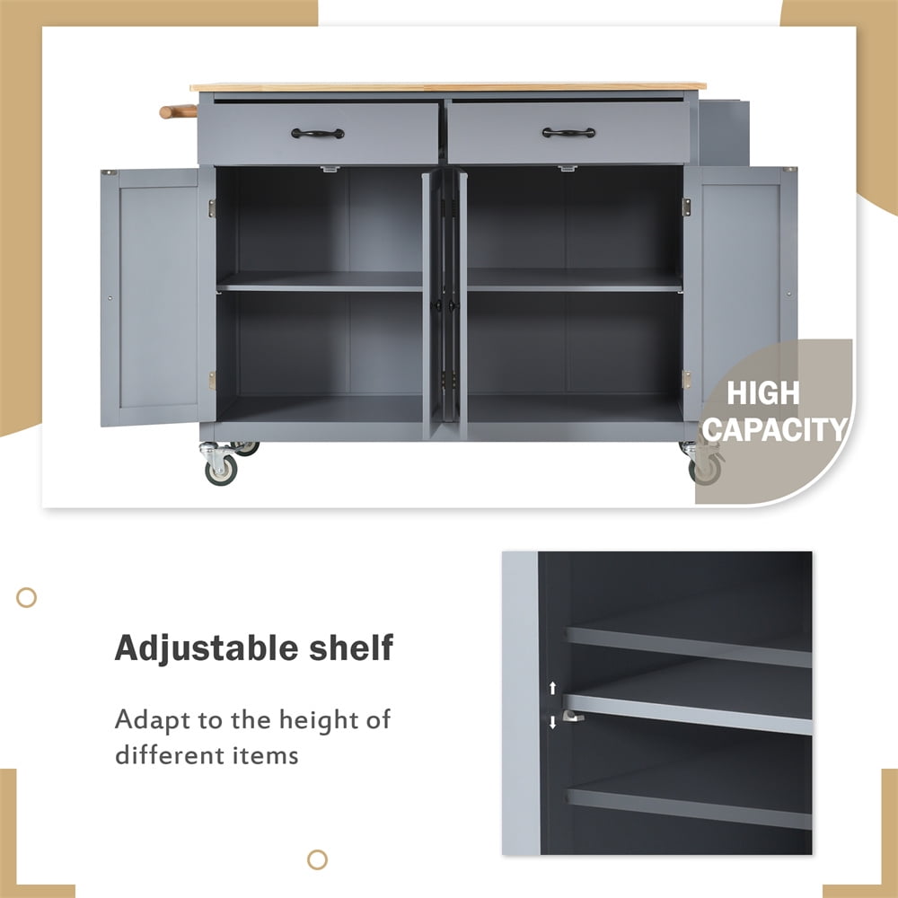 Kitchen Island Cart with Spacious Tabletop and Locking Wheels, 54.3" Large Kitchen Trolley Cart with 4 Door Cabinet and Two Storage Drawers, Spice Rack Towel Rack, Rolling Kitchen Island Cart, Blue