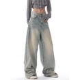 thumbnail image 2 of Pantalones vaqueros finos lavados Vintage para mujer, pantalones de mezclilla azules de estilo Neutral informal de calle, Pantalones rectos de cintura alta, 2 of 5
