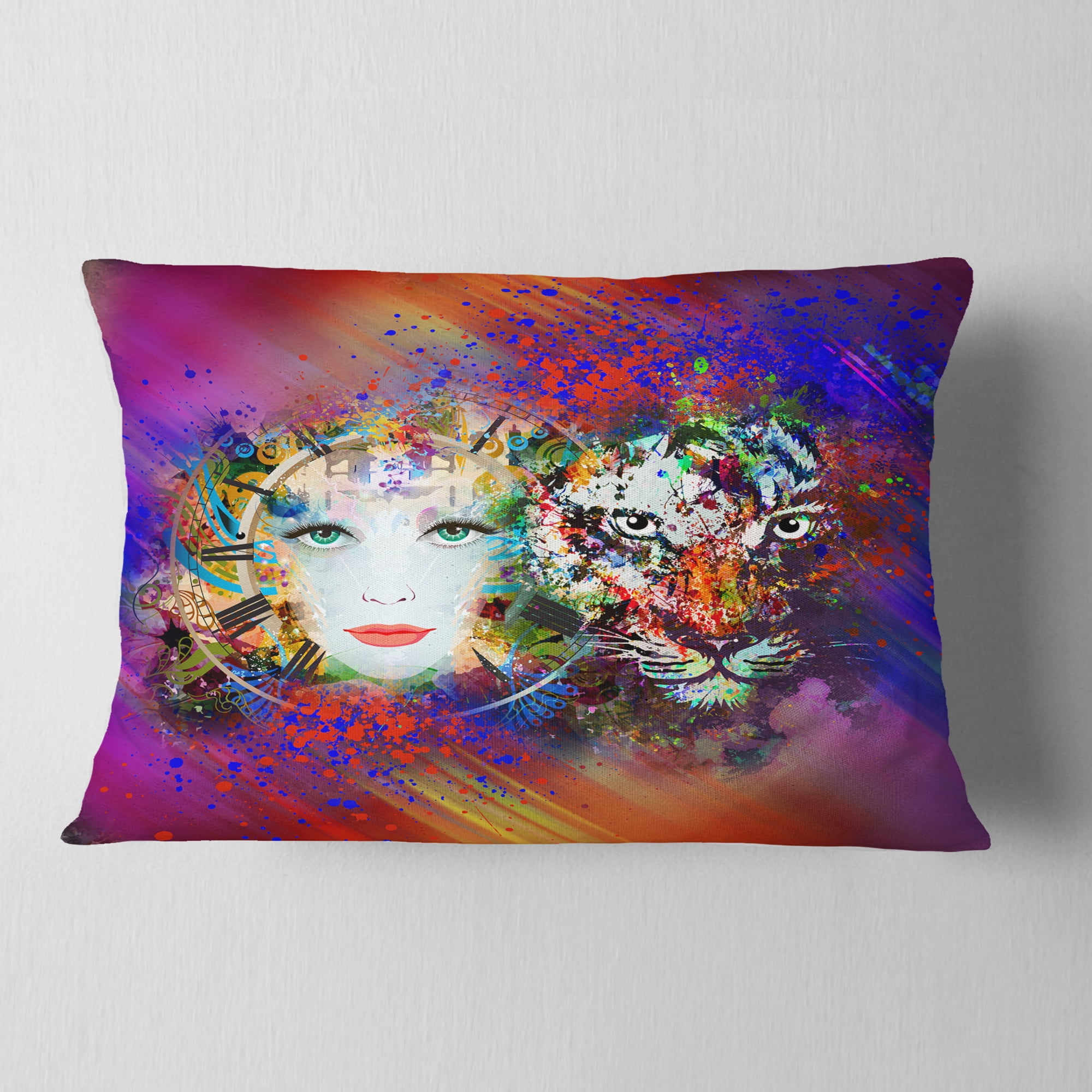 Designart Colorful Tiger and Woman Face - Abstract Throw Pillow - 12x20