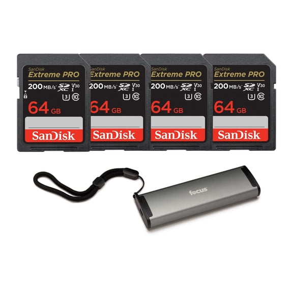 64GB Extreme Pro SDXC UHS-I Memory Card (4-Pack) Bundle with Multi-Port Card Reader and Storage Case with SIM Eject Tool