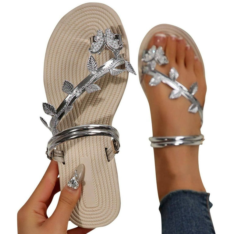 Summer Casual Flat Sandals Cute Slides Rhinestone Leaf Decor Toe