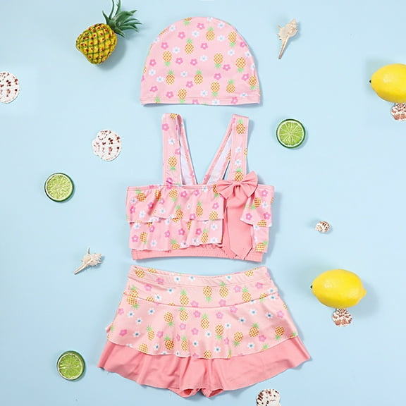 uublik Girls Bikini Fashion Cute Flower Print Swimming Trunks Seaside Swimming Cap Swimsuit Set, Sizes 4-12