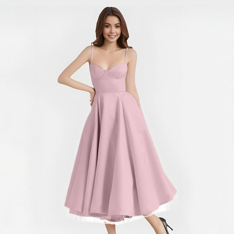 Wdgfv Womens Corset Dress Spaghetti Strap Bustier Midi Dresses Vintage Party Dress Flowy Pleated Hem Low Cut Prom Dresses Pink XL
