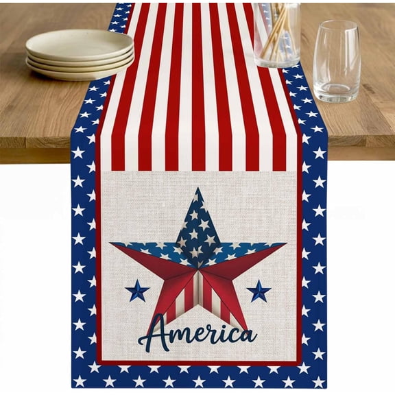 Independence Day Table Runner 71 Inches Long Tablerunner 4th of July Patriotic Star USA Flag Burlap Kitchen Dinner Cafe Table Runners Table Decor 13.8" x 71"