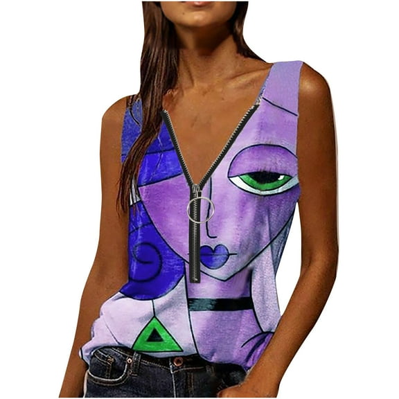 Babysbule Womens Tank Tops Summer Women's Ladies V Neck Zipper Tops Casual Printing T-Shirt Sleeveless Blouse Vest