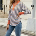 thumbnail image 7 of Long Sleeve Tshirt for Women Smocked Cuffs Striped Shirt Button V Neck Casual High Low Tops Pullover Loose Blouses, Orange, XXL, 7 of 7