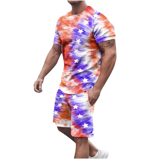 Mikilon Tenues Tendance pour Hommes Ensemble 2 Pcs Drapeau Américain Imprimé 3d Ensemble de Shorts Col Rond T-Shirt Manches Courtes Shorts Taille Élastique Ensemble 2 Pcs Rouge-C TG