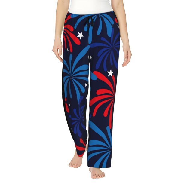 Fotbe Red White Blue Fireworks Pantalones de Pijama para Mujer, Pantalones de Dormir, Pantalones Pj con Cordón y Bolsillos-XX-Large