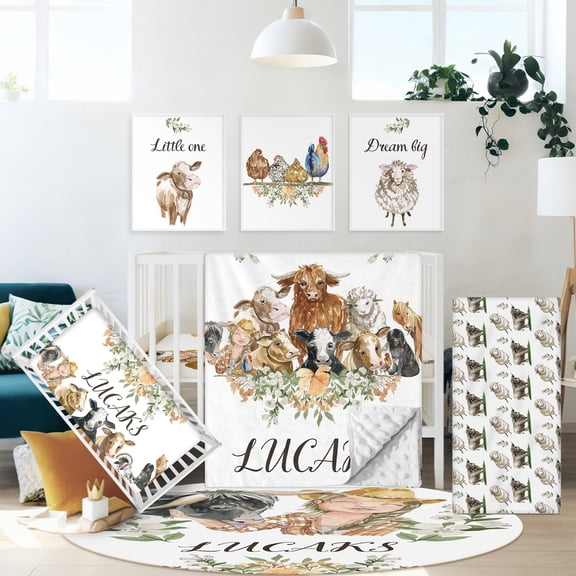 KAINSY Hatchaa Personalized Crib Bedding Set, 5 Pcs Custom Baby Crib Set with Name, Cowboy & Charming Farm Animal Theme Baby Bedding Sets for Boys Girls, Nursery Bed Set for Toddlers