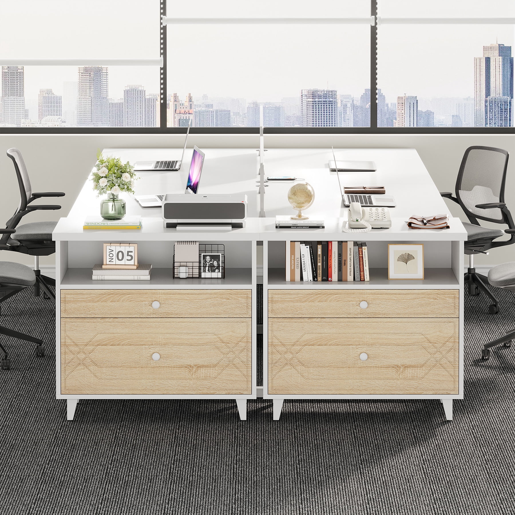Condemo Large Storage MDF Board Metal Lateral File Cabinet Printer Stand, White and Light Brown