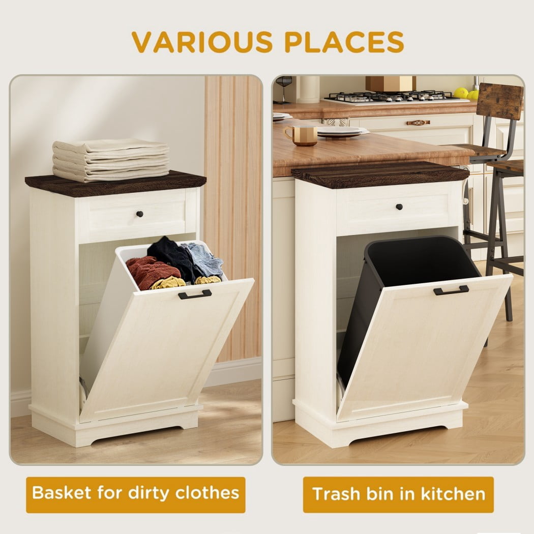 10 Gallon Tilt Out Trash Cabinet, Freestanding Garbage Can Storage with Drawer, Kitchen Recycling Cabinet, Antique White Trash Bin Holder, Antique White
