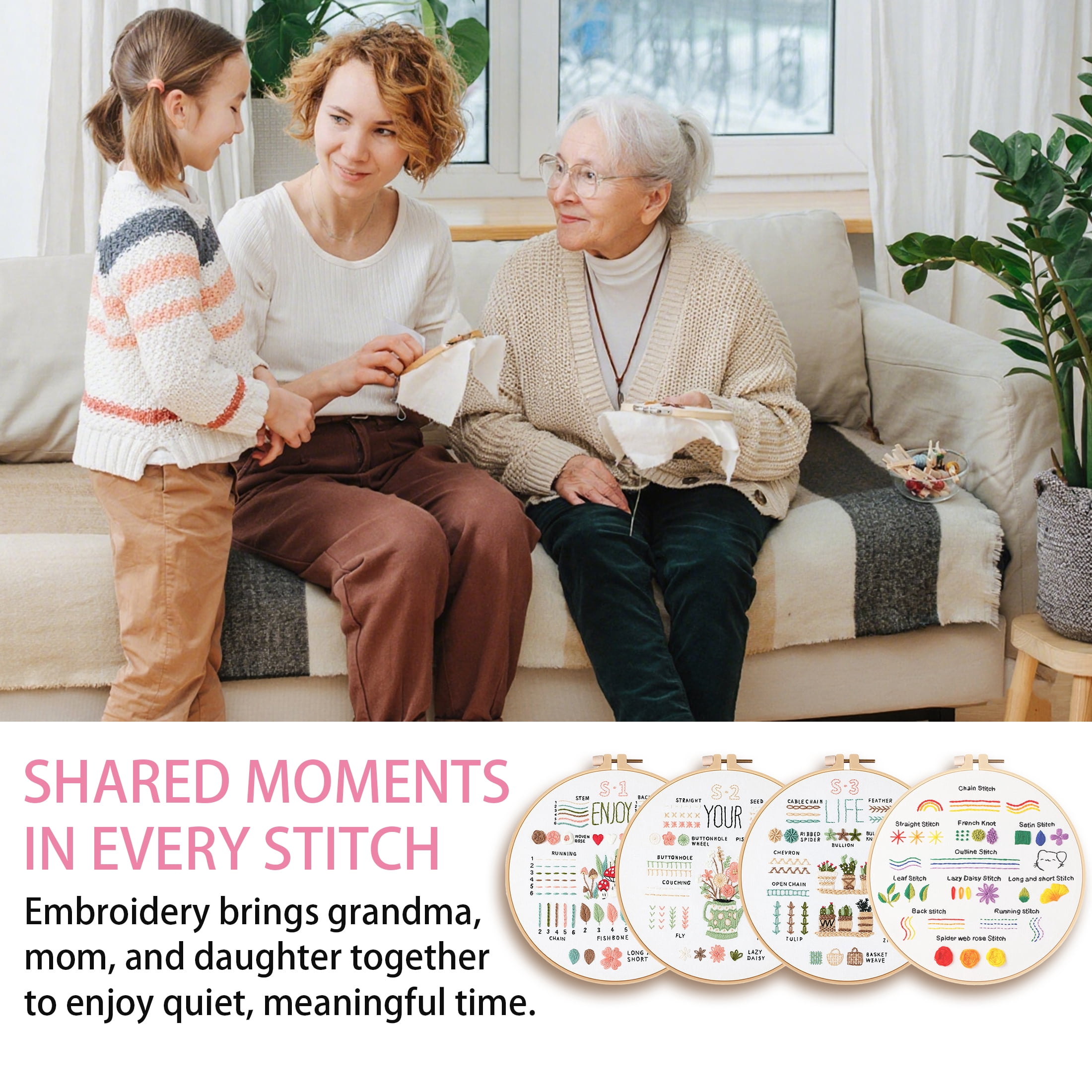 Yalumo Embroidery Kit for Adult Beginners, 4 Pack Stitch Practice Set to Learn 36 Basic Stitches, Hand Cross Stitching Kit with Hoop, Tools, Colorful Threads, and Needles