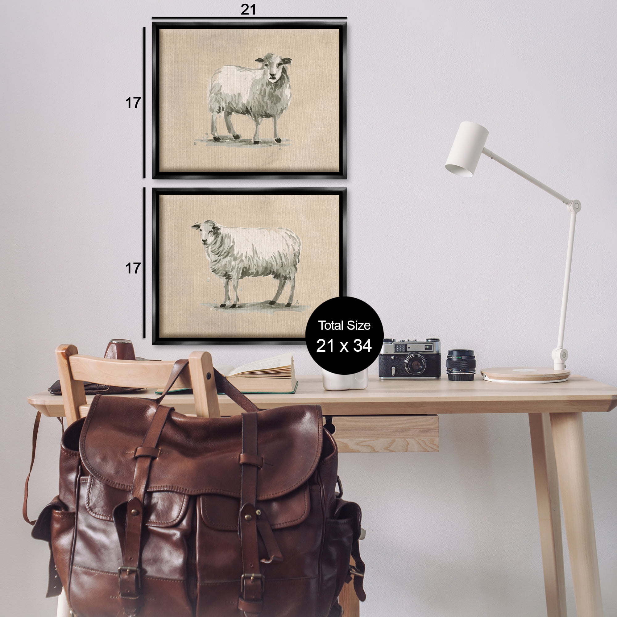 Stupell Industries Beige Sheep Portrait Animals Painting Black Floater Framed Canvas Art Print Wall Art, 21 x 17, Set of 2