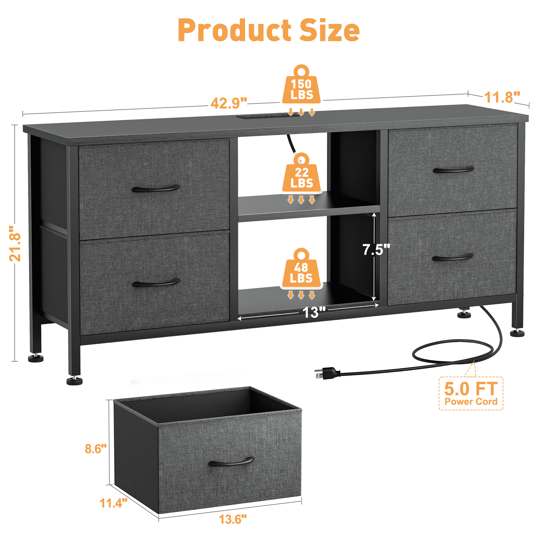 TV Stand for Bedroom, Television Stand for TV up to 50 Inch Entertainment Center Dresser with 4 Drawers Open Storage Shelves for Living Room, Entryway
