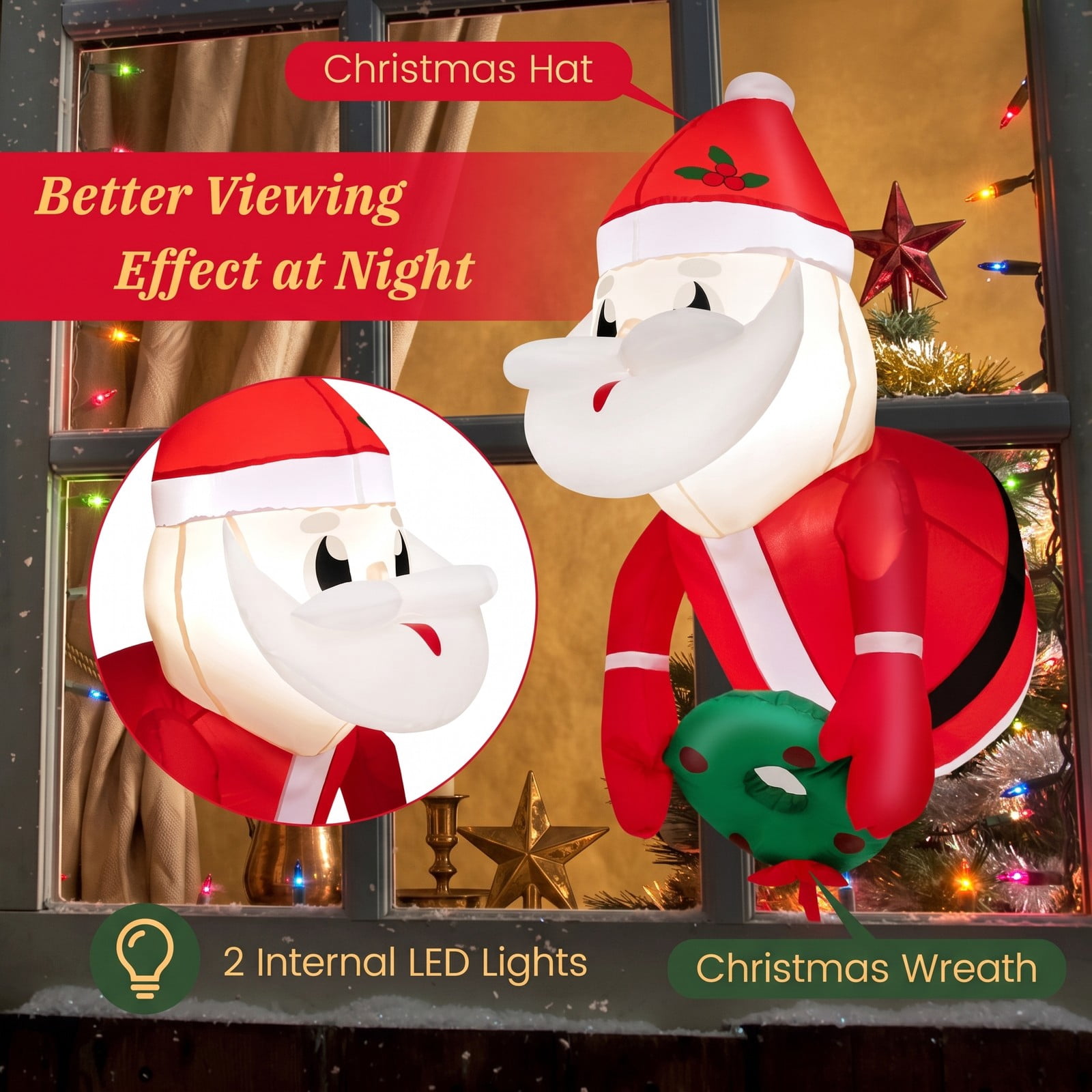 RUIE 3.3 FT Lighted Christmas Inflatable Santa Claus Broke Out from Window LED Blow Up Holiday Yard Decoration Indoor Outdoor Xmas Decor, Red