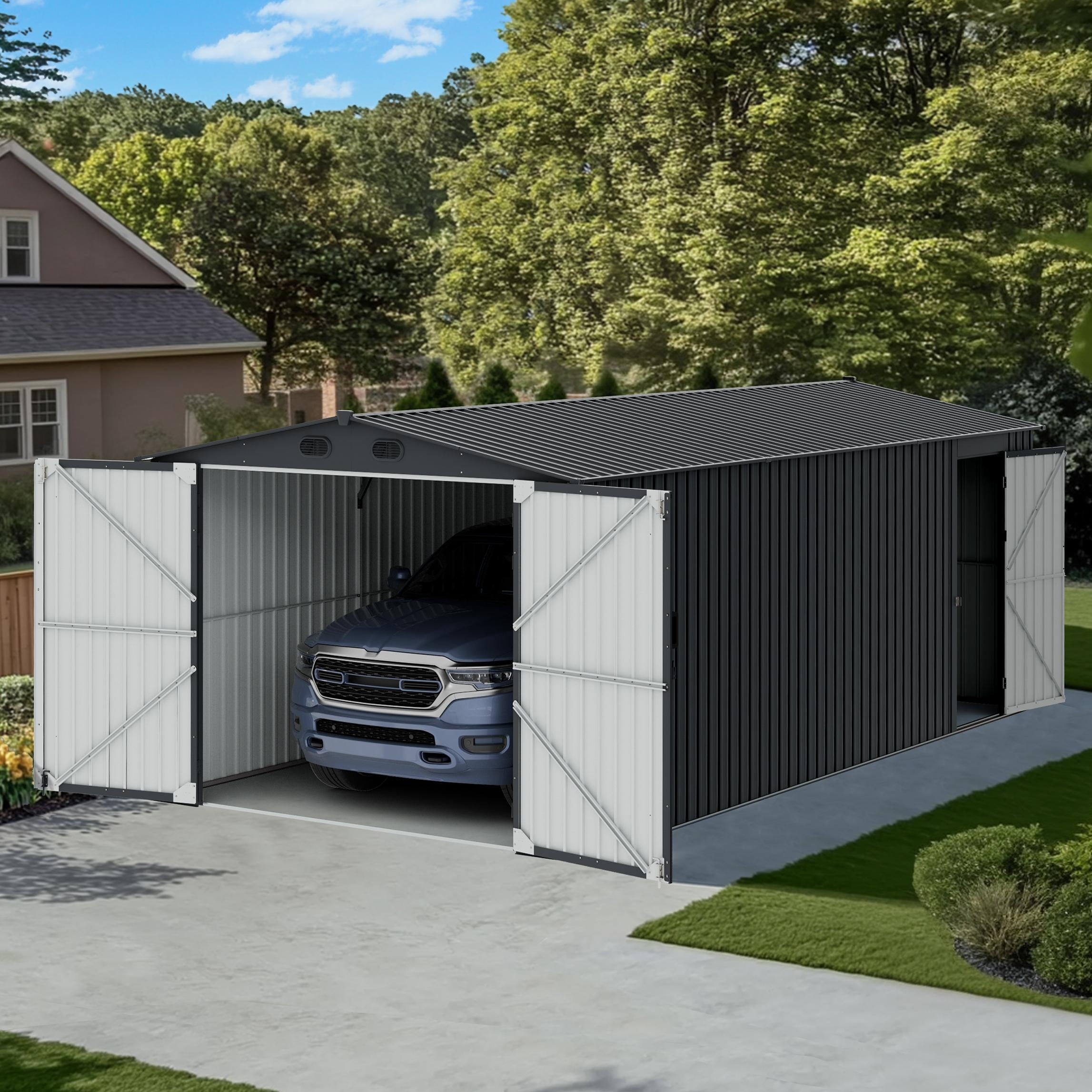 Sunjoy 10 ft. x 20 ft. Outdoor Storage Shed, Carport, Dark Grey
