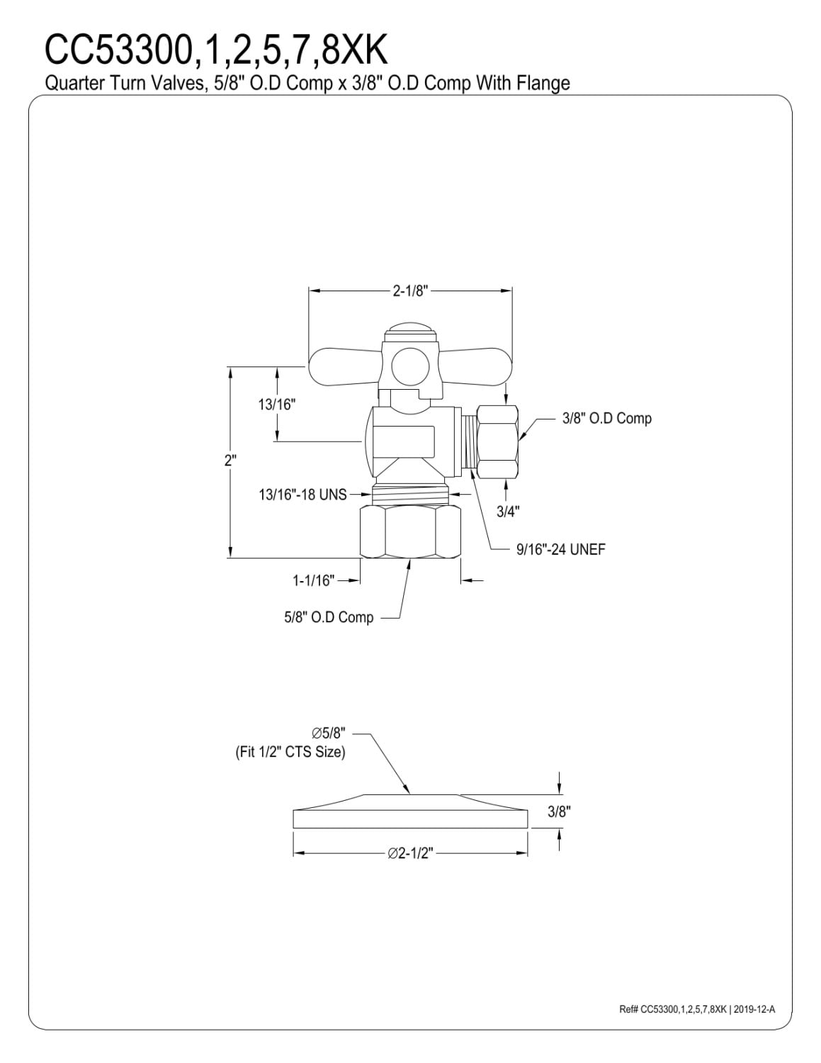 Kingston Brass CC53308XK 5/8" OD Comp x 3/8" OD Comp Quarter-Turn Angle Stop Valve with Flange, Brushed Nickel
