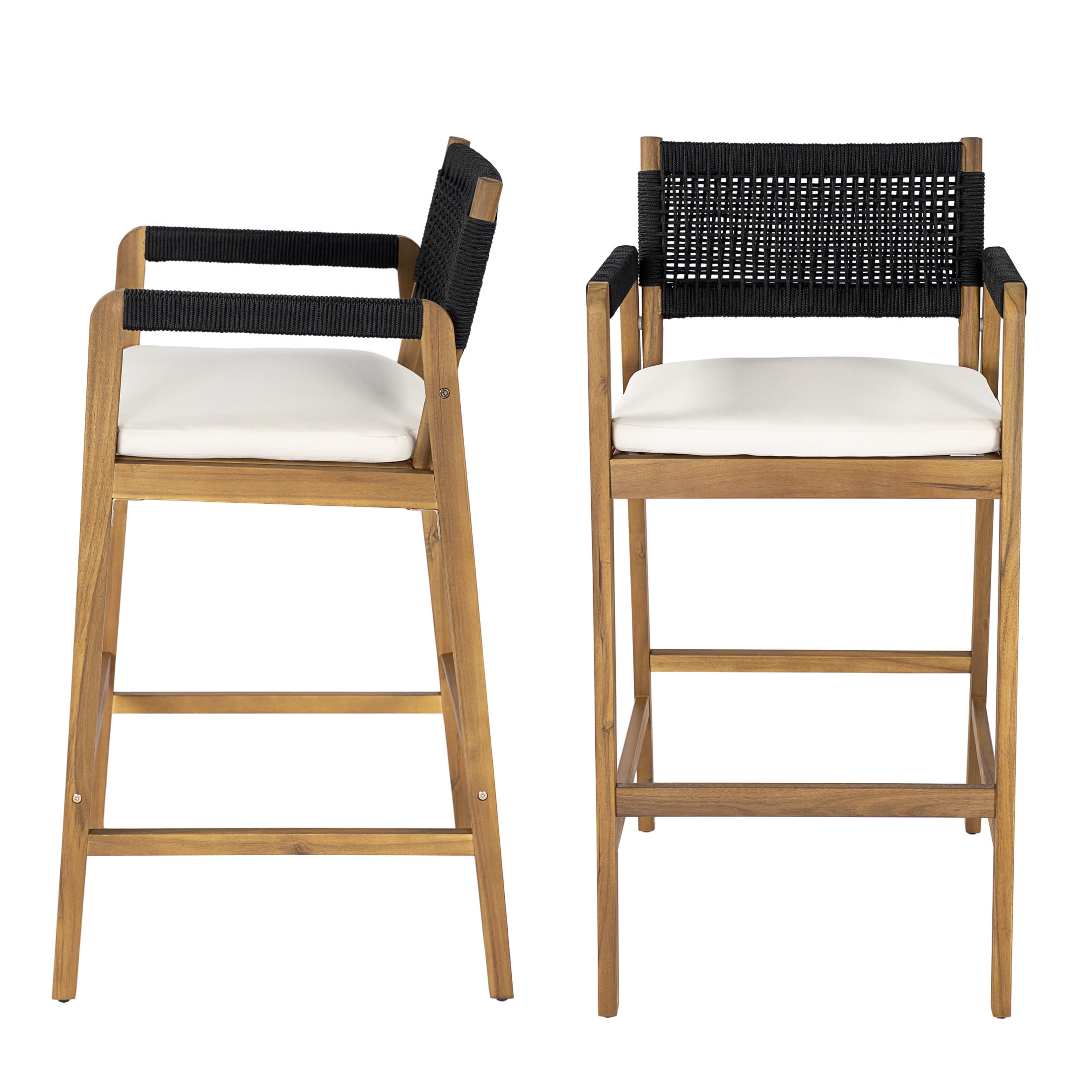 Christopher Knight Home Outdoor Counter Height Bar Stools with Rope Back and Cushions, Black, Set of 2