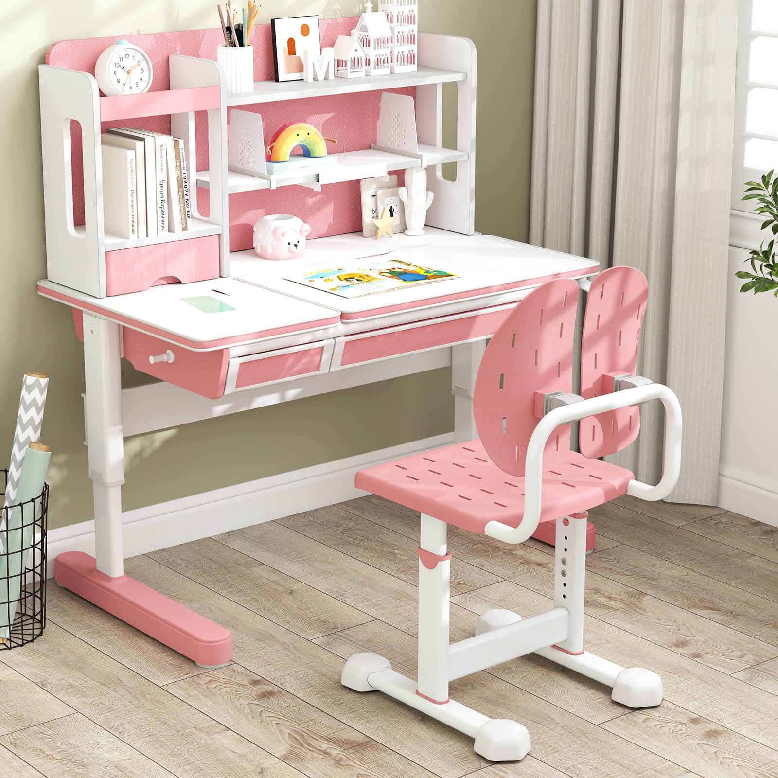 Costway Kids Desk Chair with Adaptive Double Backrest, Adjustable Height, Breathable Seat Pink