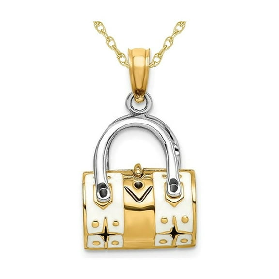 14K Yellow Gold 3-D White Enameled Handbag Moveable Charm Pendant Necklace with Chain