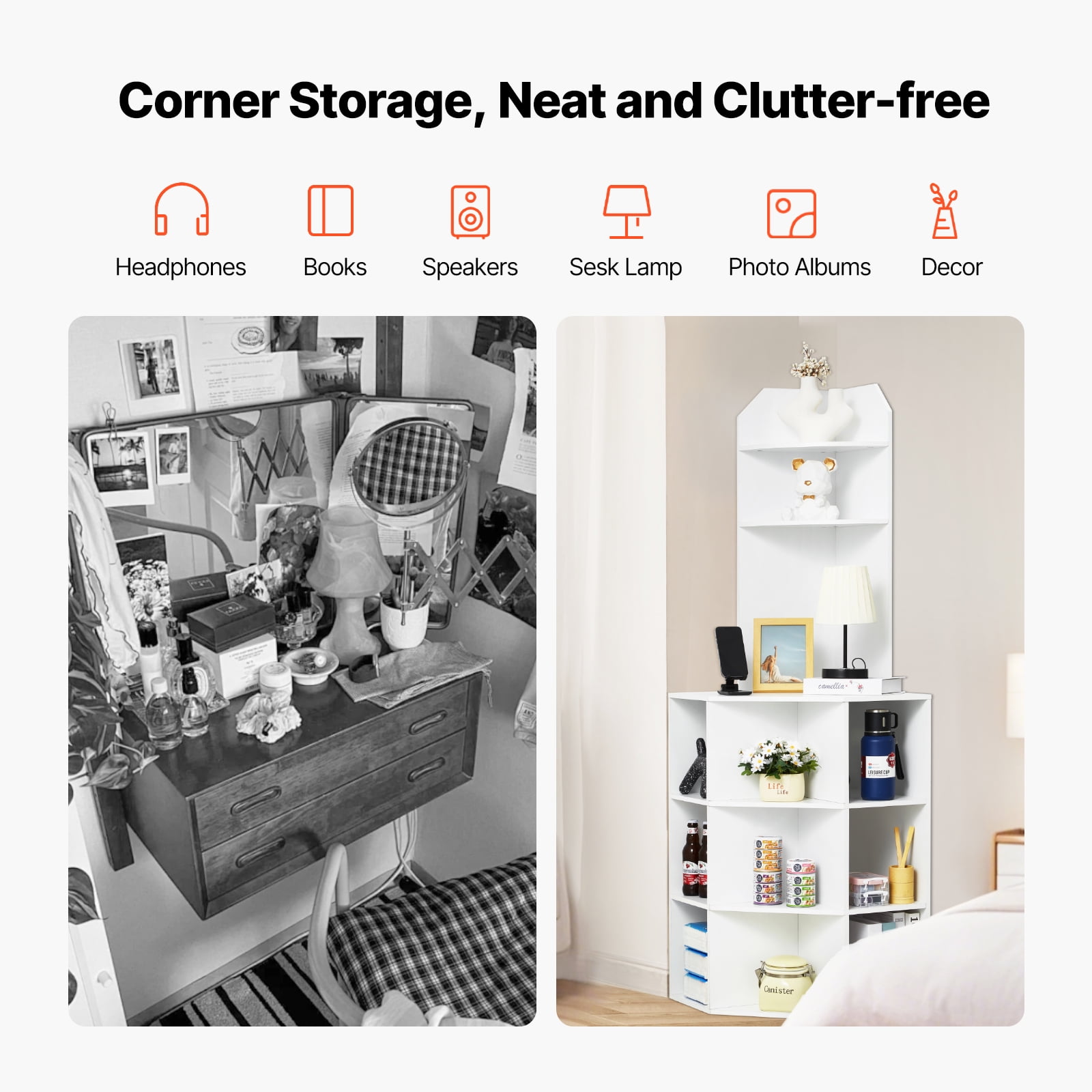 KFFKFF 64" Height Corner Utility Cabinet, 6 Layer Wood Storage Cabinet with USB Connectivity and Power Outlets & Flexible Shelves, Independent Corner Unit for Living Area, Laundry Space, White