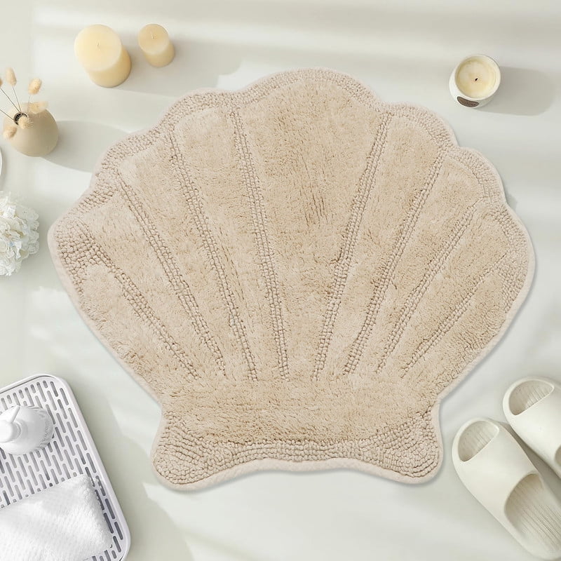 Better Trends Seashell Bath Rug, 100% Cotton Cute Beach Theme Bathroom Mat, Soft & Absorbent, Reversible, Washable Foot Mat, Sand Sea Decor for Kids & Home, 25" x 28" Marilyn Collection
