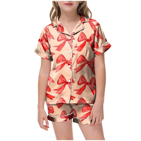 Zshosam Teen Girl Pajamas Girls' Pajama Set - 2 Piece Silky Soft Satin Button Down Sleep Shirt and Pajama Shorts Size 2T 3T,(Red 2-3 Years)