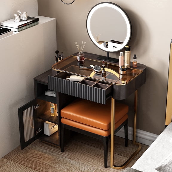 Lartis Makeup Vanity, with LED Makeup Mirror, Three Adjustable Light Levels, Tempered Teal Glass countertop, White Wax Wood Makeup Stool